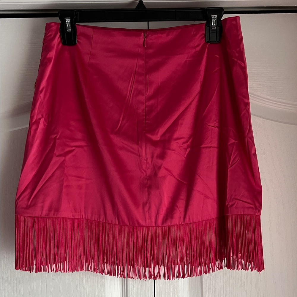Lulus Celebration Charisma Magenta Satin Faux-wrap Fringe Mini Skirt Pink - Picture 5 of 5